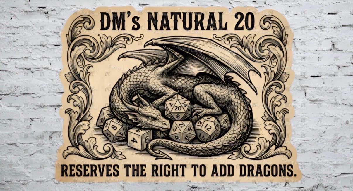 Decorative sign with a dragon illustration and text on a brick wall background