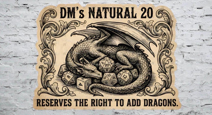Decorative sign with a dragon illustration and text on a brick wall background