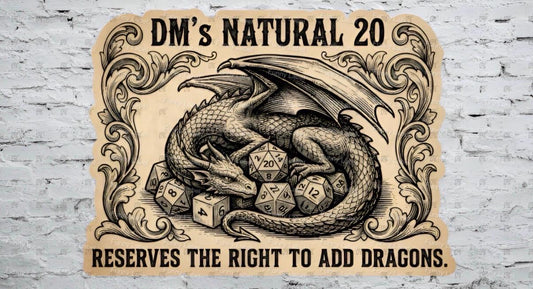 Decorative sign with a dragon illustration and text on a brick wall background