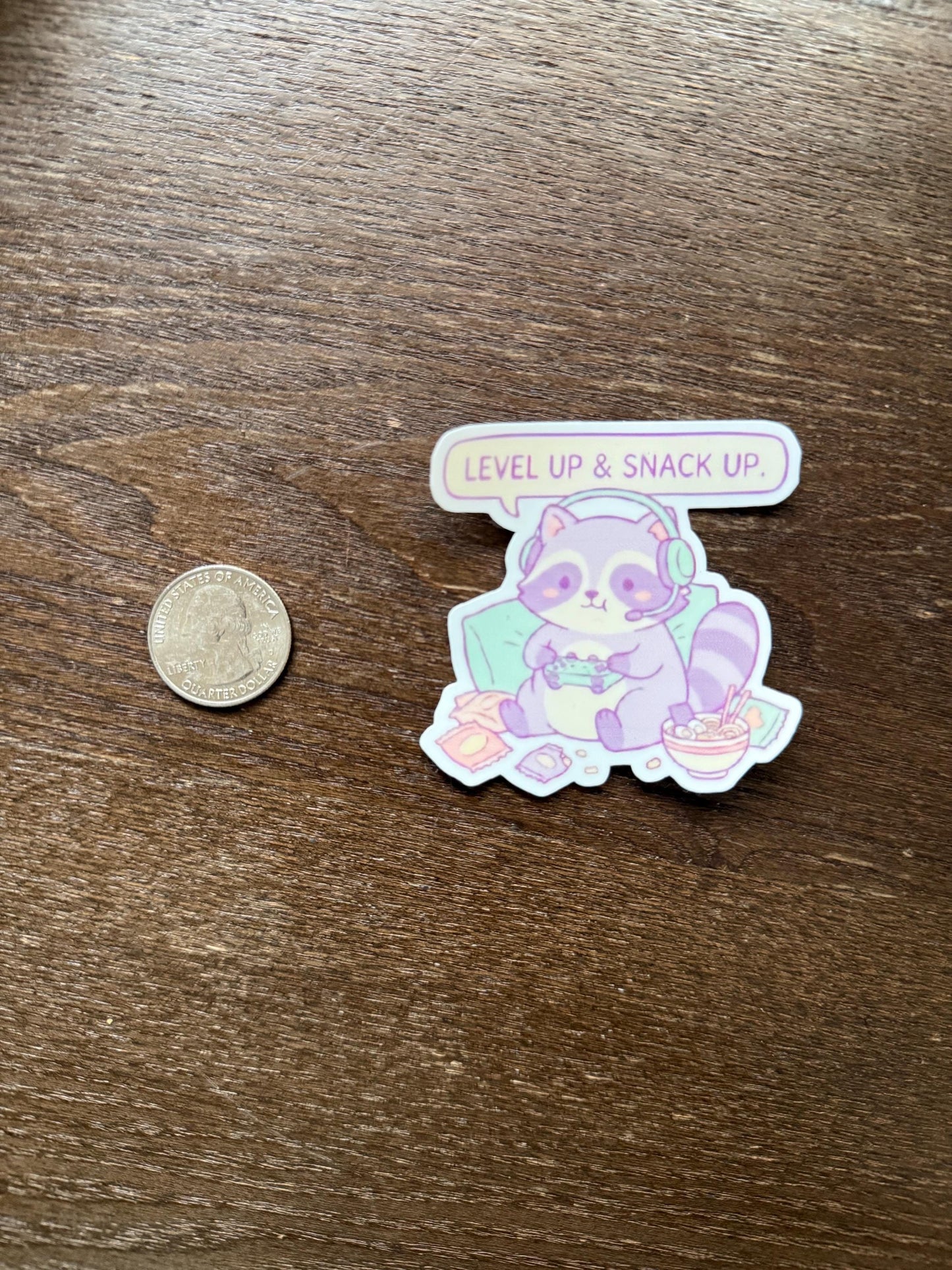 Cozy Gamer Sticker - Level Up Snack Up - Cute Raccoon Decal - Kawaii Gaming Gift - Streamer Battlestation Decor - Waterproof Vinyl