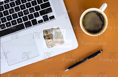 Cozy Fireplace Sticker - Christmas Tree & Cat Decal - Hygge Holiday Living Room - Warm Winter Scene - Waterproof Laptop Sticker