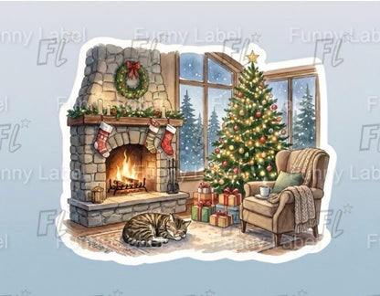 Cozy Christmas scene with a fireplace, tree, and presents on a light blue background.