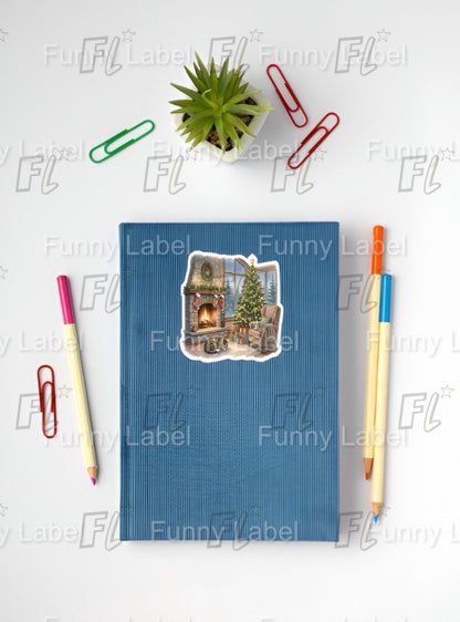Cozy Fireplace Sticker - Christmas Tree & Cat Decal - Hygge Holiday Living Room - Warm Winter Scene - Waterproof Laptop Sticker