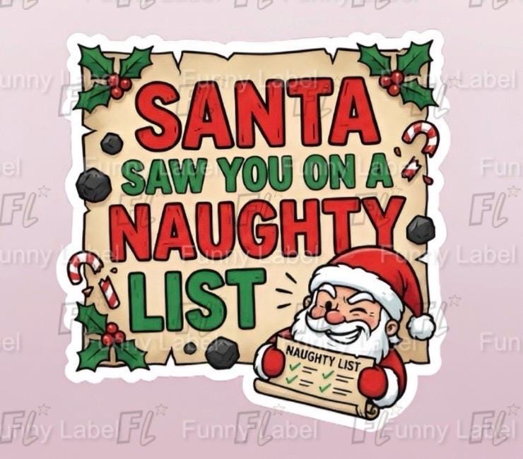 Cartoon Santa Claus with a 'Naughty List' sign on a light pink background