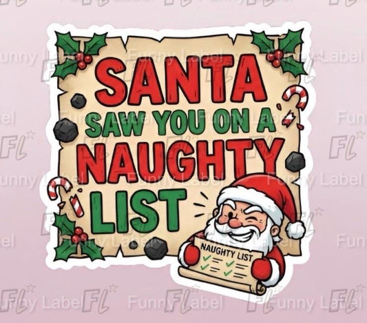 Cartoon Santa Claus with a 'Naughty List' sign on a light pink background