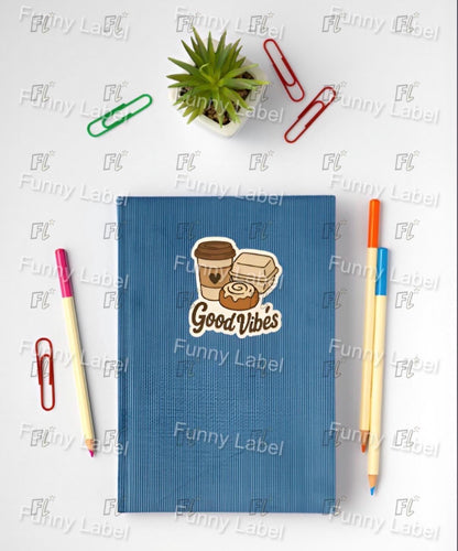 Good Vibes Sticker - Coffee and Cinnamon Roll Decal - Cute Foodie Laptop Sticker - Breakfast Lover Gift - Waterproof Vinyl