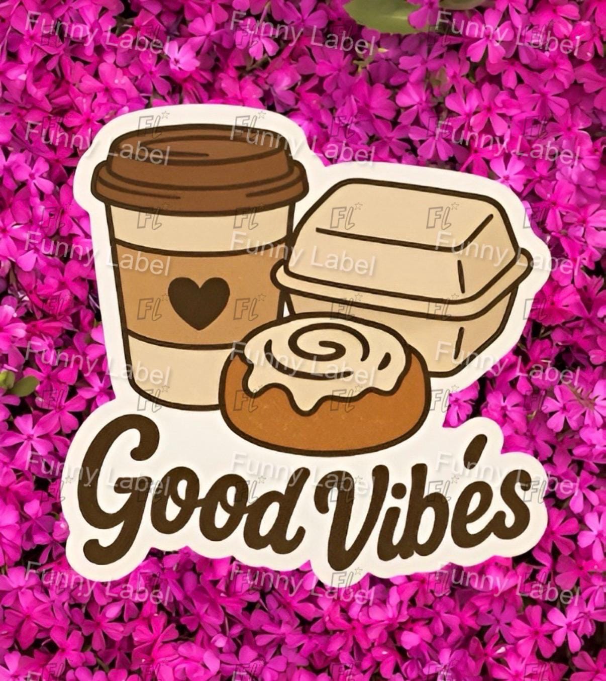 Sticker with coffee cup, pastry, and 'Good Vibes' text on a pink floral background