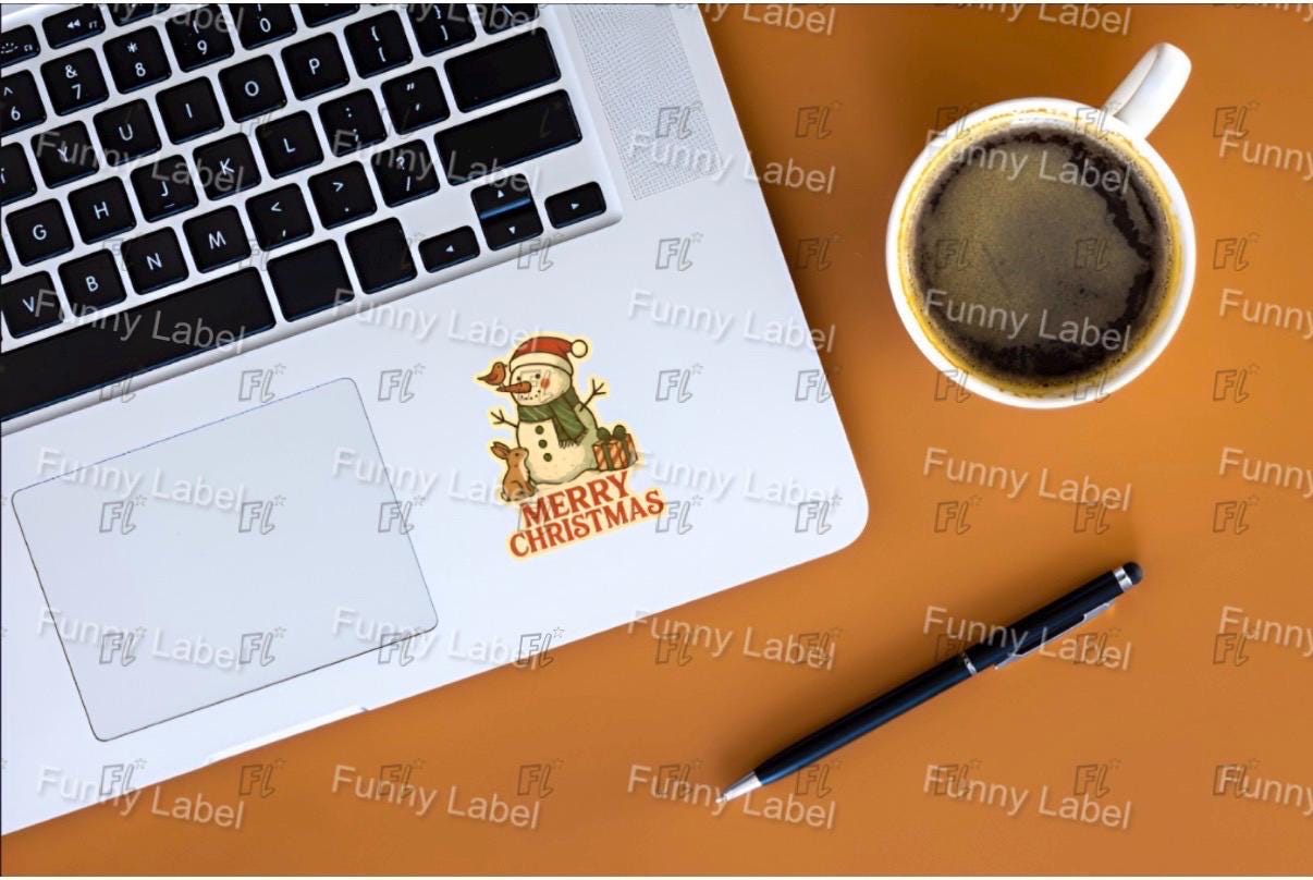 Merry Christmas Snowman Sticker - Cute Woodland Animal Decal - Rabbit & Bird Holiday Gift - Traditional Winter Laptop Sticker