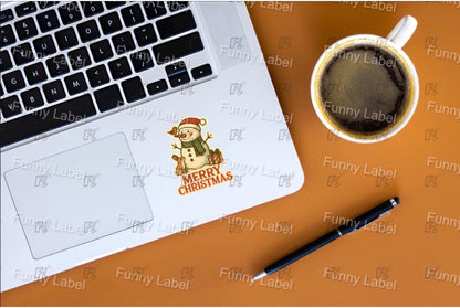 Merry Christmas Snowman Sticker - Cute Woodland Animal Decal - Rabbit & Bird Holiday Gift - Traditional Winter Laptop Sticker