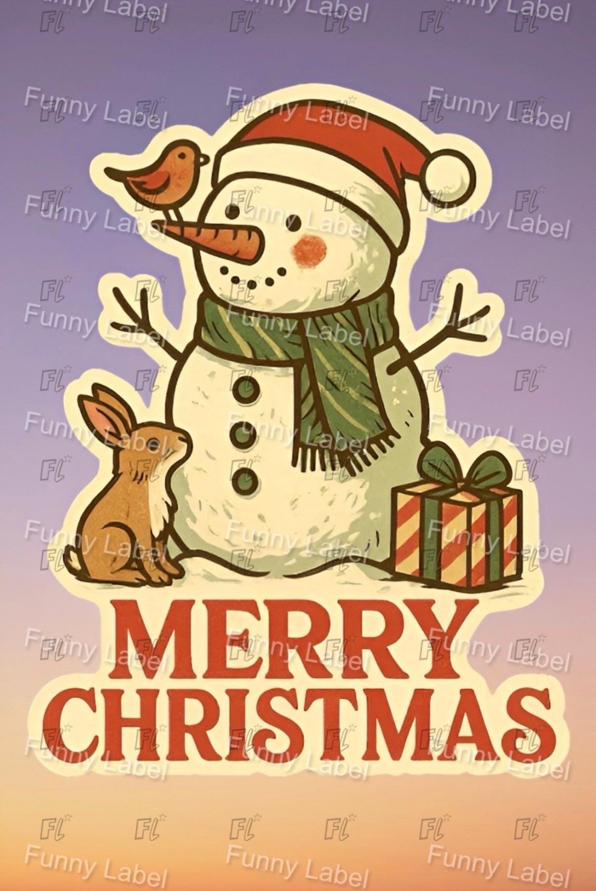 Vintage-style Christmas card with a snowman, bird, rabbit, and gift, featuring 'Merry Christmas' text.
