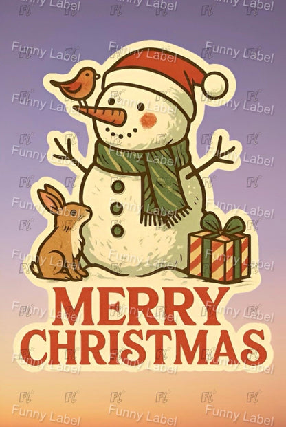 Vintage-style Christmas card with a snowman, bird, rabbit, and gift, featuring 'Merry Christmas' text.