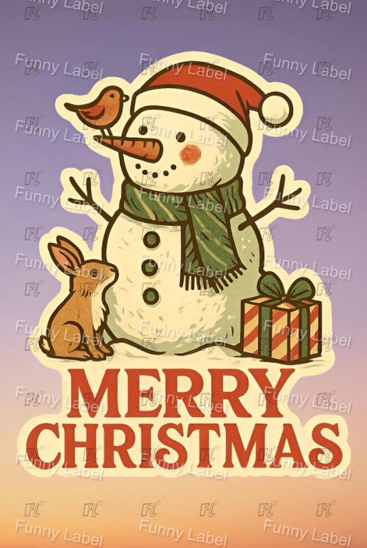 Vintage-style Christmas card with a snowman, bird, rabbit, and gift, featuring 'Merry Christmas' text.
