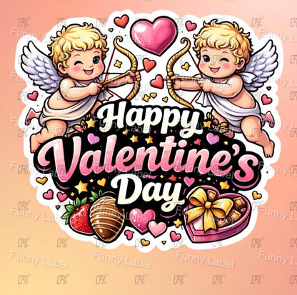Valentine's Day design with cherubs, hearts, and chocolates on a pink background.