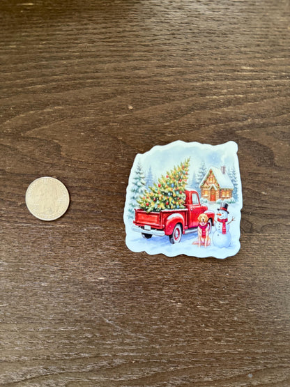 Vintage Red Truck Sticker - Golden Retriever Christmas Decal - Farmhouse Holiday Gift - Christmas Tree Truck - Dog Lover Laptop Sticker