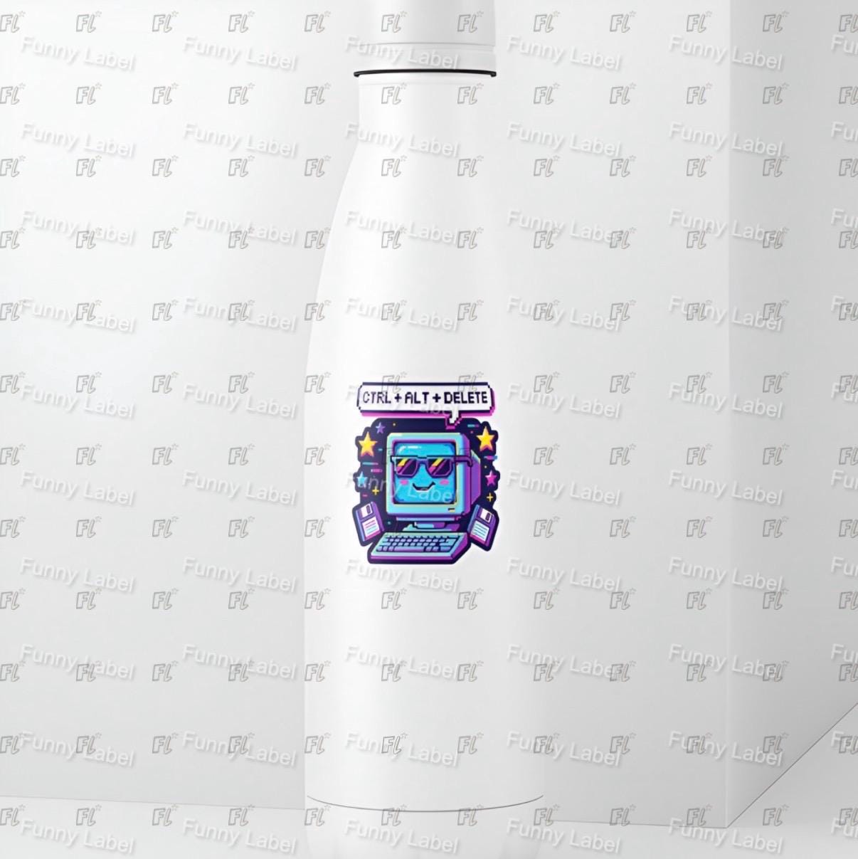 White t-shirt with a graphic design of a computer screen and text on a white background.