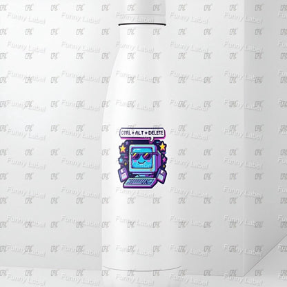 White t-shirt with a graphic design of a computer screen and text on a white background.