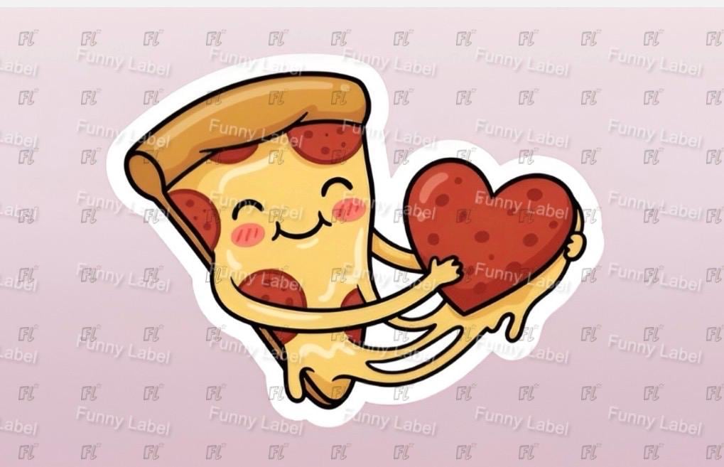 Cartoon pizza slice holding a heart on a pink background with 'Funny Labels' branding.