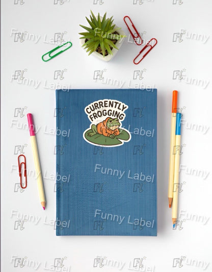 Currently Frogging Sticker - Funny Knitting and Crochet Pun - Rip It Ribbit - Fiber Arts Gift - Cute Frog in Hoodie Decal
