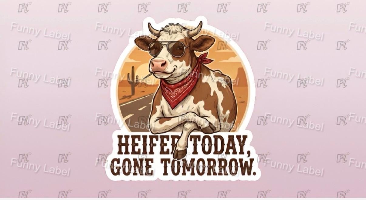 Cartoon cow with sunglasses and bandana on a road, with text 'HEIFE TODAY, GONE TOMORROW' on a light pink background.