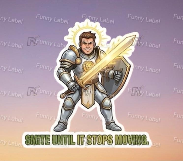 Animated character in armor holding a sword and shield with text 'SMITE UNTIL IT STOPS MOVING' on a gradient background.