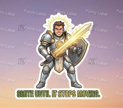 Animated character in armor holding a sword and shield with text 'SMITE UNTIL IT STOPS MOVING' on a gradient background.