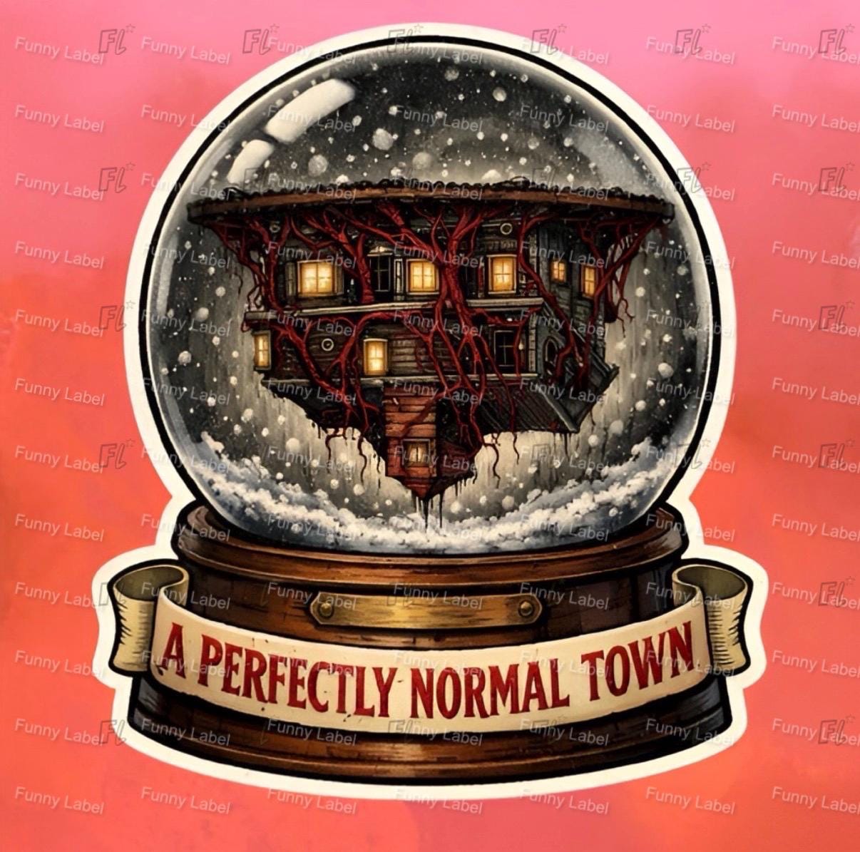 Snow globe with a house and 'A Perfectly Normal Town' text on a pink background