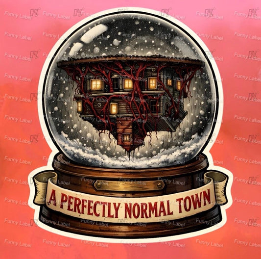 Snow globe with a house and 'A Perfectly Normal Town' text on a pink background