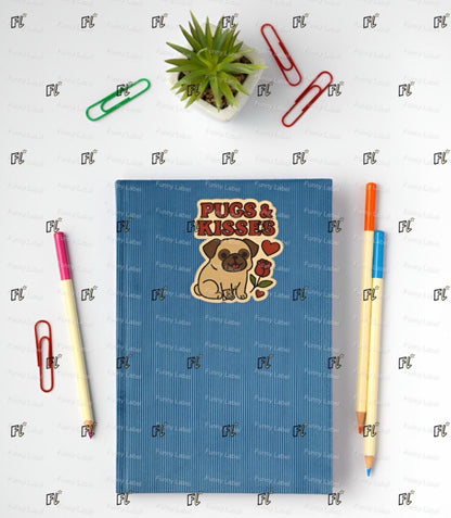 Blue notebook with a pug design titled 'Pugs & Kisses' on a white background with stationery items.