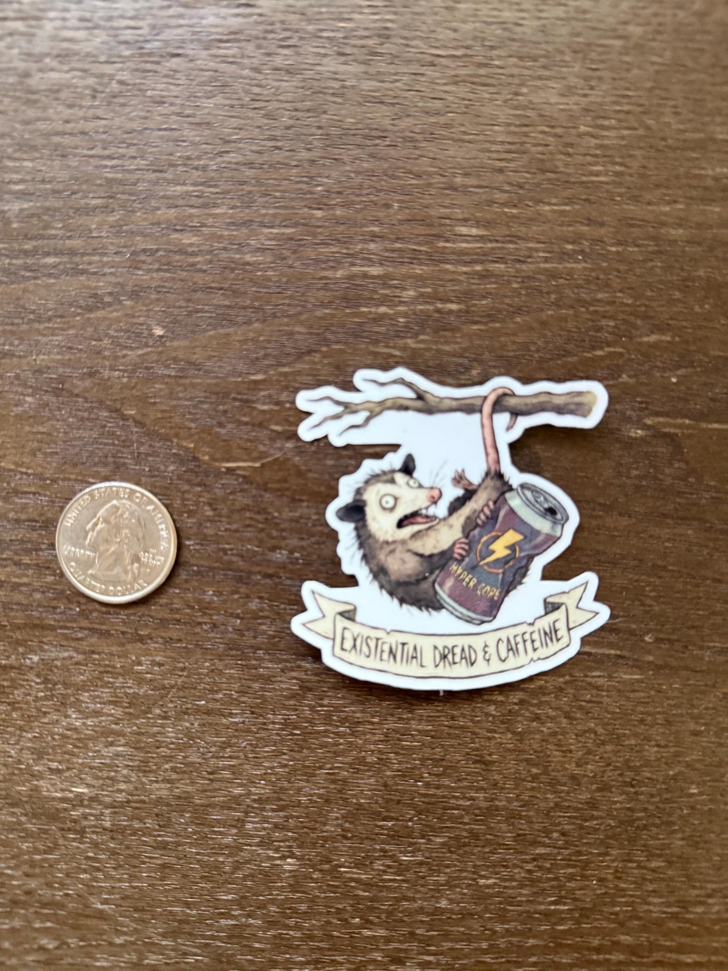 Funny Opossum Sticker - Existential Dread and Caffeine - Chaotic Energy Drink Decal - Mental Health Humor Gift - Waterproof Laptop Sticker