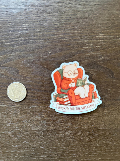 Booked For The Weekend Sticker - Funny Reading Pun - Cozy Bear Decal - Book Lover Gift - Librarian Laptop Sticker - Waterproof Vinyl