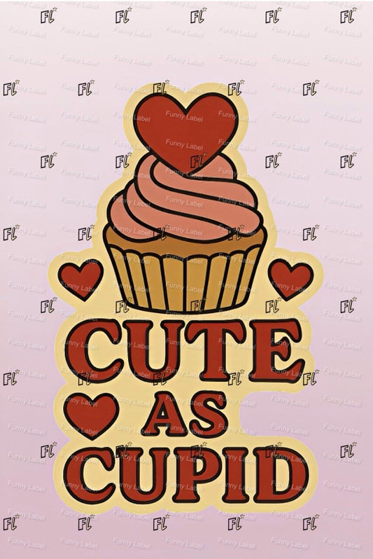 Cupcake with pink frosting and red hearts on a light pink background with 'Cute as Cupid' text.