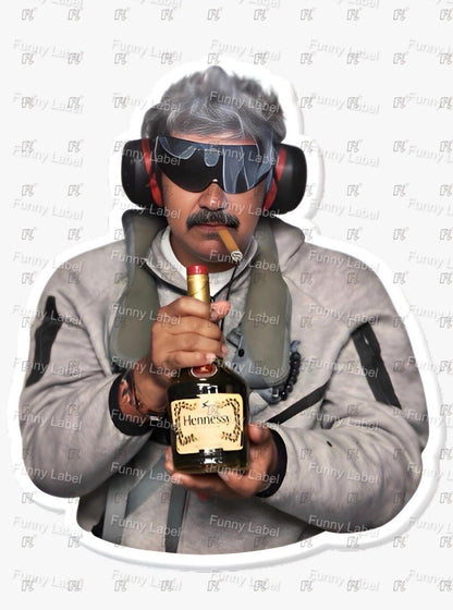 Nicholas Maduro holding a Hennessy bottle with a white border and 'Funny Label' text.