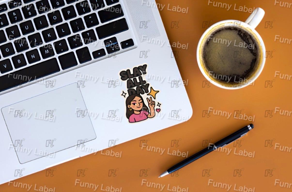 Laptop with a sticker, coffee cup, and pen on an orange surface with 'Funny Label' branding.