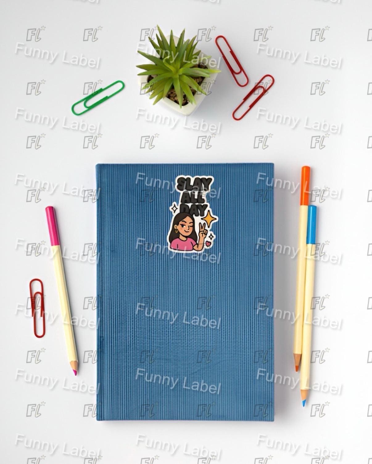 Blue notebook with a sticker of a person with a dog on a white surface with stationery items.