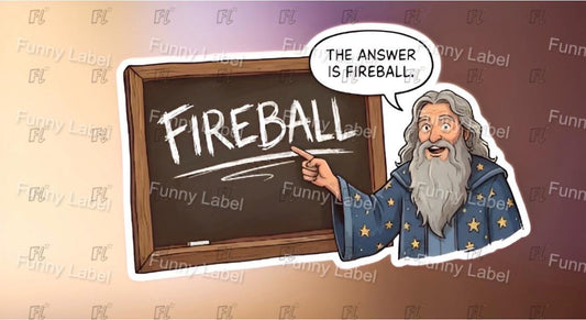 Cartoon character pointing to a blackboard with 'Fireball' written on it, with a brown background.