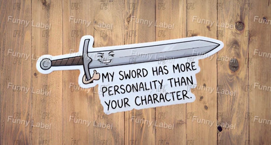 Sticker of a sword with text on a wooden background