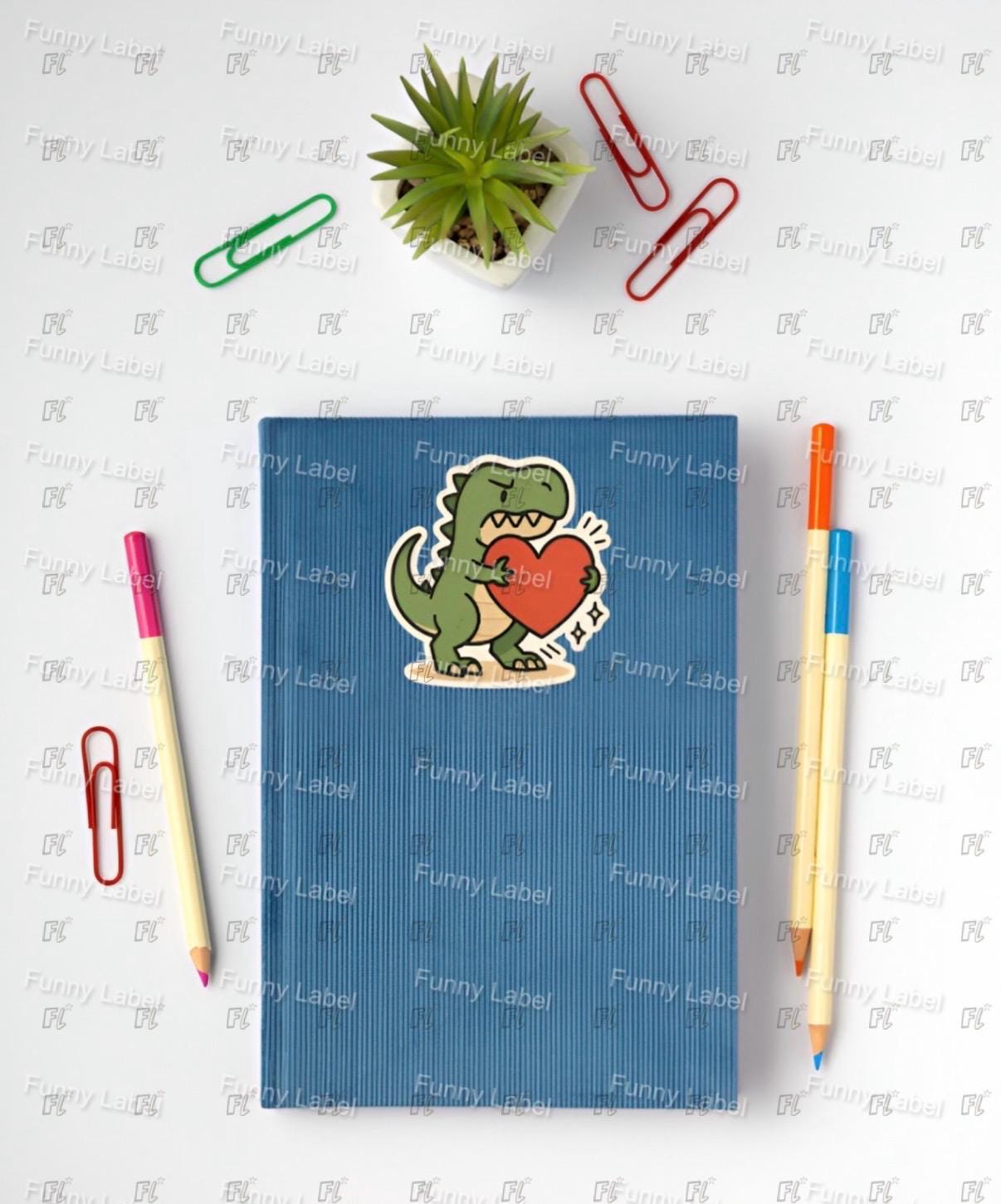 Blue notebook with a dinosaur design on a white surface with stationery items.