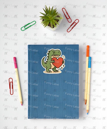 Blue notebook with a dinosaur design on a white surface with stationery items.