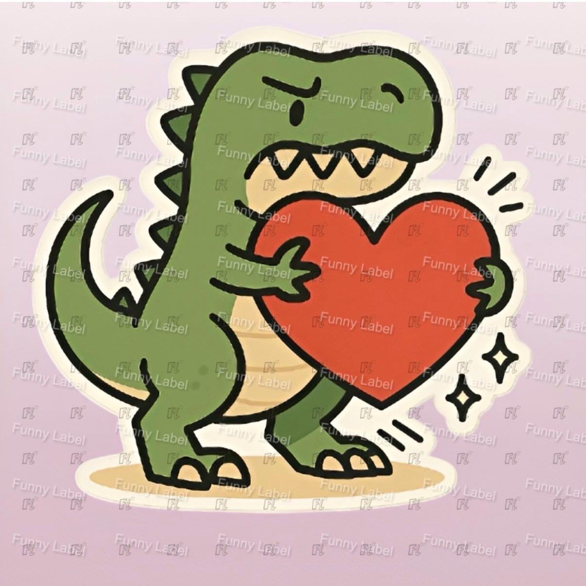 A flat, isolated vinyl sticker featuring a hilarious cartoon illustration of a comically frustrated Tyrannosaurus Rex with short, stubby arms trying its best to stretch and hold a giant red Valentine heart.