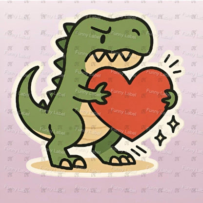 A flat, isolated vinyl sticker featuring a hilarious cartoon illustration of a comically frustrated Tyrannosaurus Rex with short, stubby arms trying its best to stretch and hold a giant red Valentine heart.