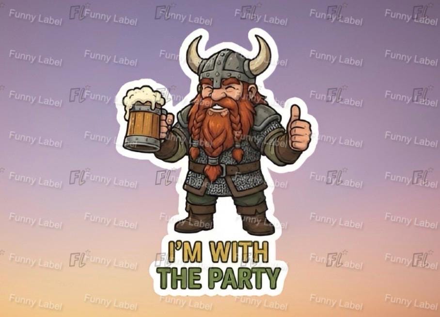 Viking character with a mug of beer and 'I'm with the party' text on a gradient background with 'Funny Label' branding.