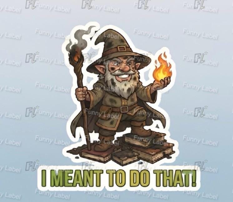 Cartoon character with a hat and staff, holding a flaming torch, on a light blue background with 'Funny Label' branding.