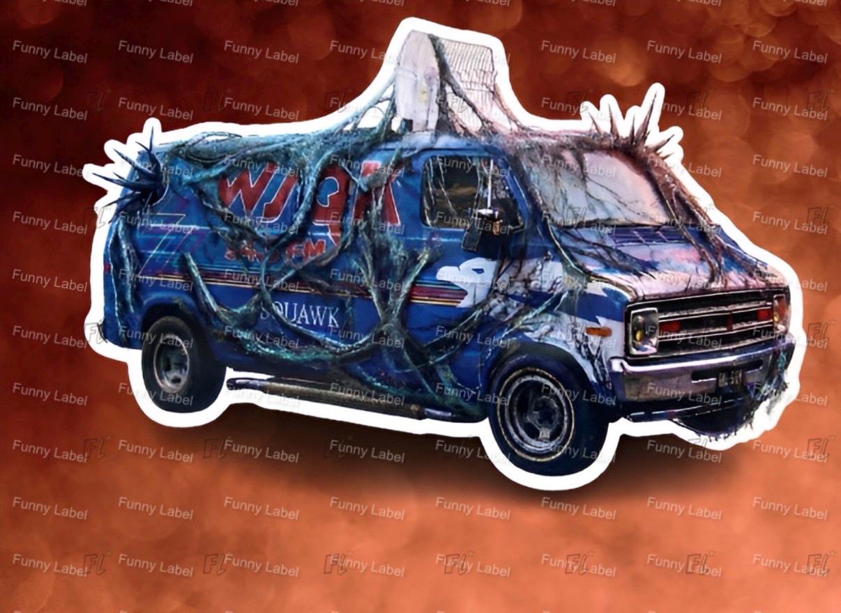 Van with 'WJUK' branding on a red background