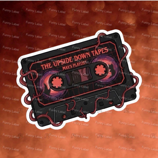 Cassette tape design with 'The Upside Down Tapes' text on a red background with 'Funny Label' text.