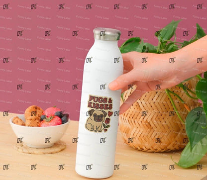 White water bottle with 'Pugs & Kisses' design held by a hand on a wooden surface with a pink background.