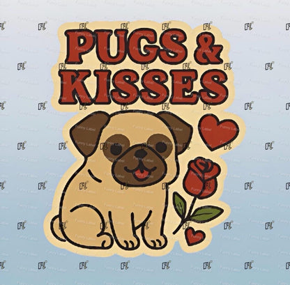 Sticker with a pug, roses, and text 'Pugs & Kisses' on a light blue background.