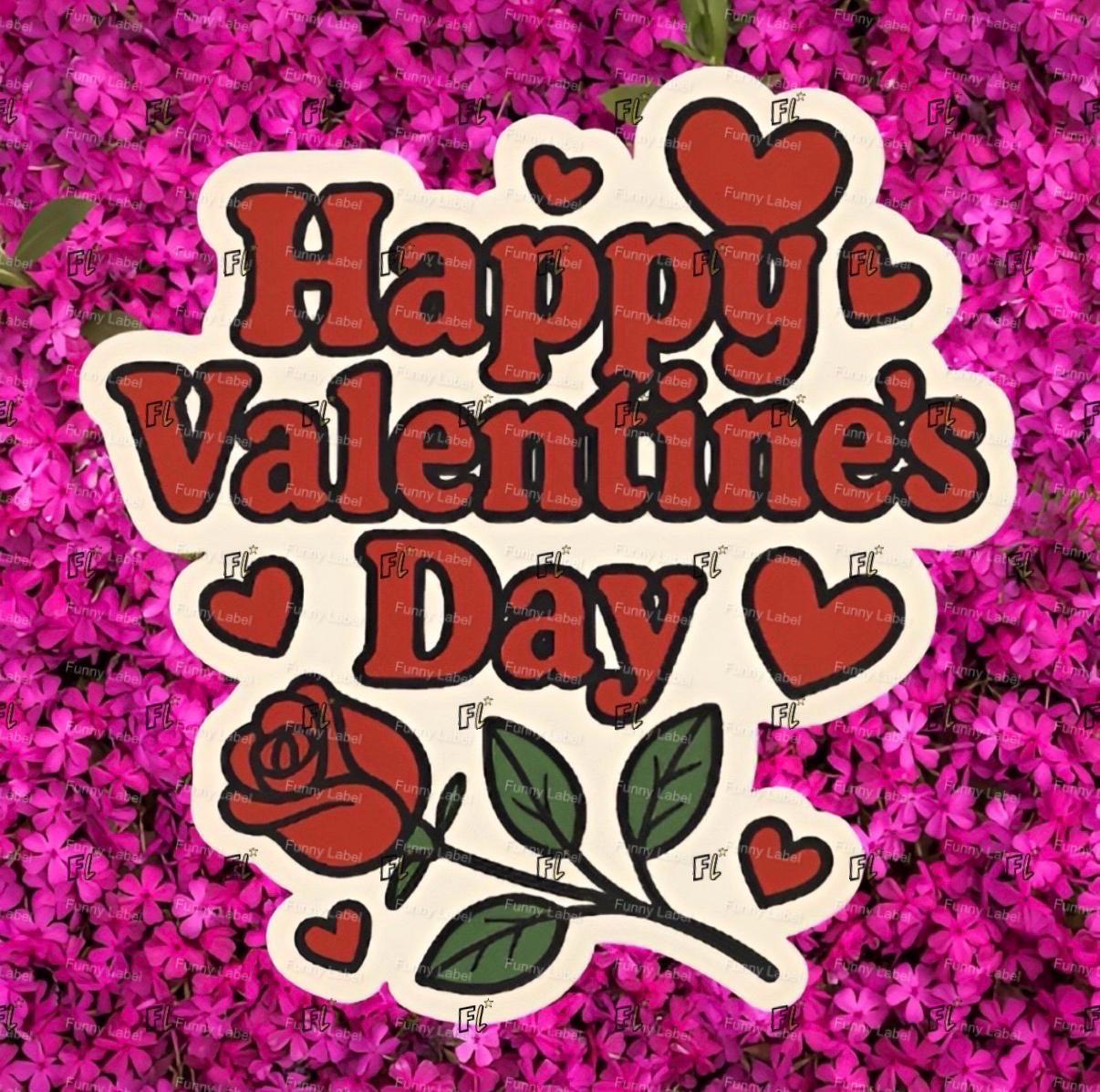 Sticker with 'Happy Valentine's Day' text and a rose on a pink floral background