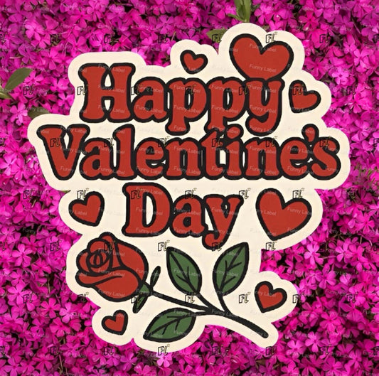 Sticker with 'Happy Valentine's Day' text and a rose on a pink floral background