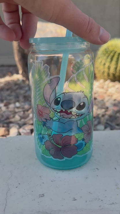 Stitch Cup | Stitch Glass Tumbler | Lilo & Stitch Iced Coffee Cup | Disney Fan Gift | Cute Stitch Gift | Glass Can Gift | 16oz Reusable Cup